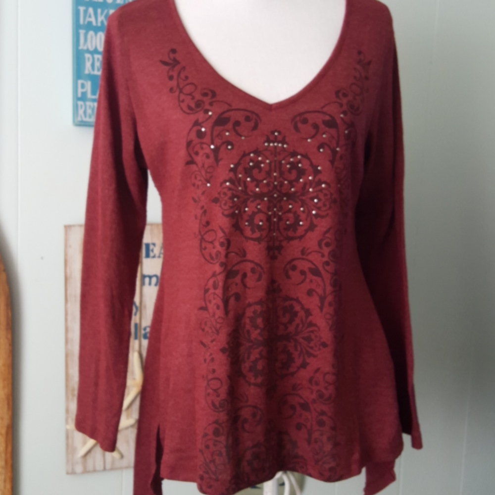 Boho Embellished Burgundy Tunic Top Medium